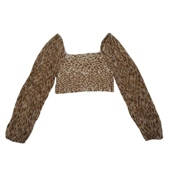 Leopard Print Long Sleeve Smocked Crop Top By Jopna Size M 100% Polyester. - Picture 2 of 8